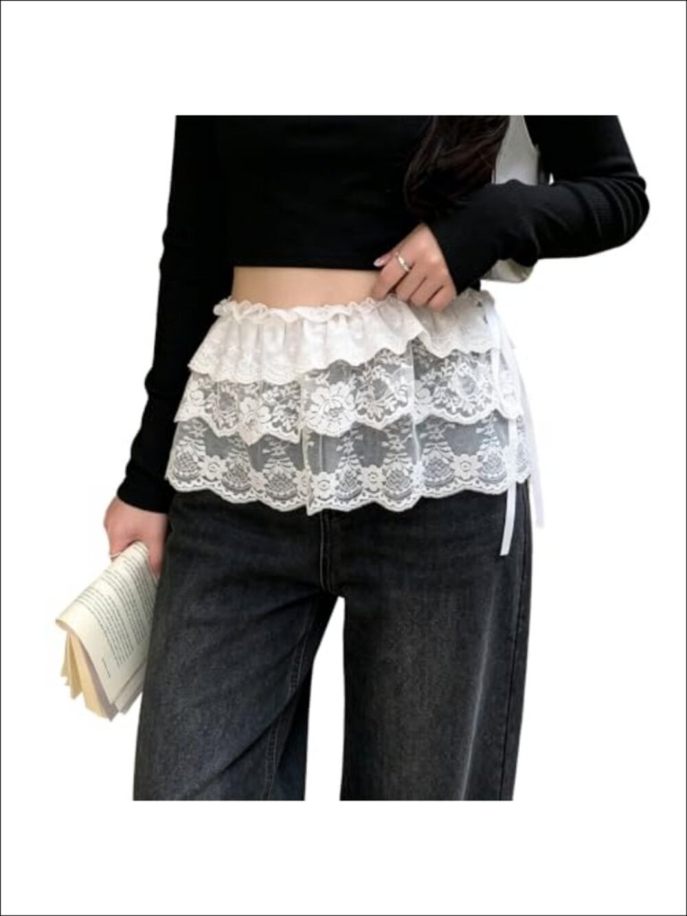 Lace Ruffle Hip Scarf Wrap Skirt Ribbon Tie Lolita Waist Belt Coverup